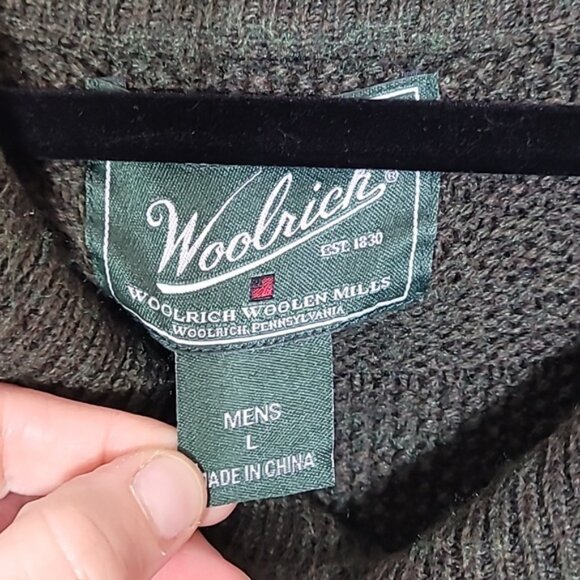 Vintage Woolrich Mens Chunky Knit Sweater Size L Olive Green Shawl Collar Wool - Picture 5 of 14